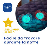 Suzetă MAM 6+ luni (pachet de 2) MAM 6-16 luni, strălucește în întuneric cu tetină de cauciuc, pachet de 2 cu suport sterilizator pentru suzetă, albastru deschis/albastru deschis