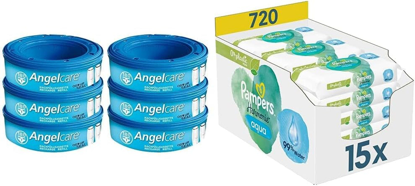 Casetă de rezervă 2320 Plus 2017 (pachet de 6) și cutie de șervețele umede Pampers Harmony Aqua pentru bebeluși, 720 de șervețele (15 x 48), protecție delicată a pielii cu 99% apă