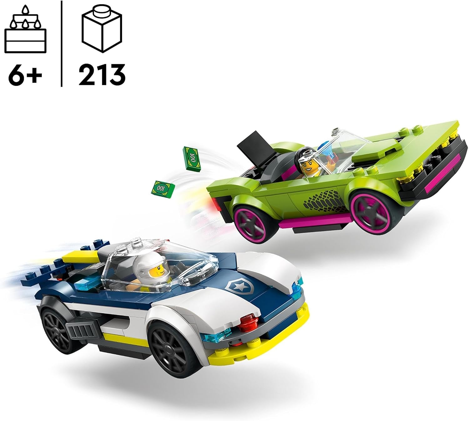 LEGO City Car Chase cu mașină de poliție și mașină cu mușchi, tren de jucărie cu 2 mașini de curse, cadou de poliție pentru copii, băieți și fete de la 6 ani, set cu polițist și minifigurine Ganovin 60415 Seturi de constructie Besuche den LEGO-Store