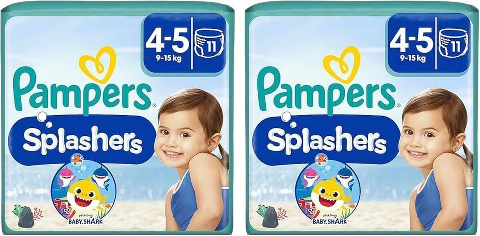 Scutece de înot de unică folosință Pampers Splashers Baby Shark Limited Edition 4-5, 11, 9kg-15kg, pentru protecție sigură în apă