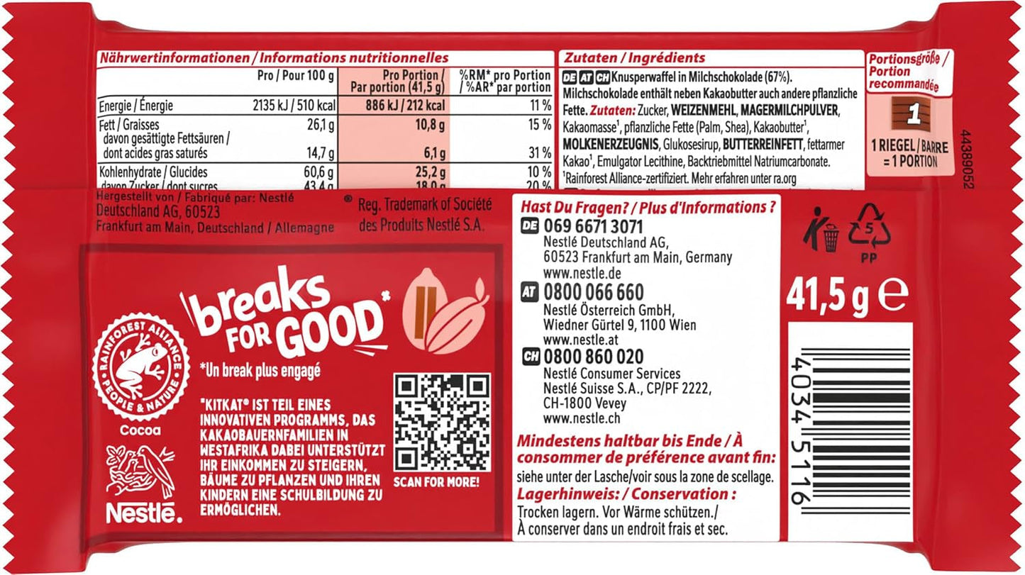 Batoane de ciocolată Nestlé KitKat Classic, batoane crocante cu ciocolată cu lapte și napolitană crocantă, pachet de 24 (24 x 41,5 g)