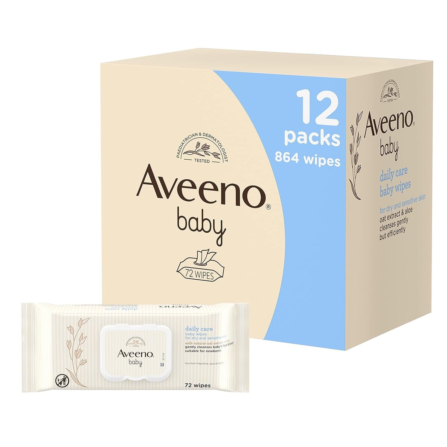 Șervețele umede pentru îngrijire zilnică, curăță delicat și eficient pielea sensibilă, produse esențiale pentru bebeluși, albe, 12 bucăți (864 de șervețele în total)