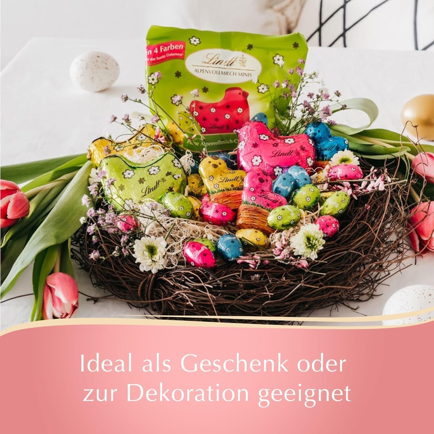 Mini ouă de ciocolată cu lapte Lindt pentru decorațiuni de ciocolată | 2 pungi x 180g | Ouă de ciocolată cu lapte premium, ambalate vesel și colorat, în patru culori, pentru Paște | Ciocolată de Paște | Cadou de ciocolată