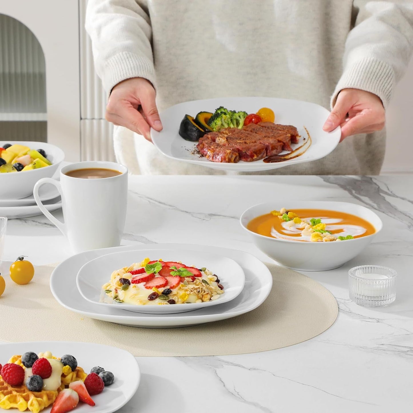 Set de veselă MALACASA pentru 4 persoane, serviciu de masă cu 16 piese din porțelan alb, set de veselă modern cu 4 farfurii de cină, farfurii de desert, farfurii de sumă și cești, seria ELISA
