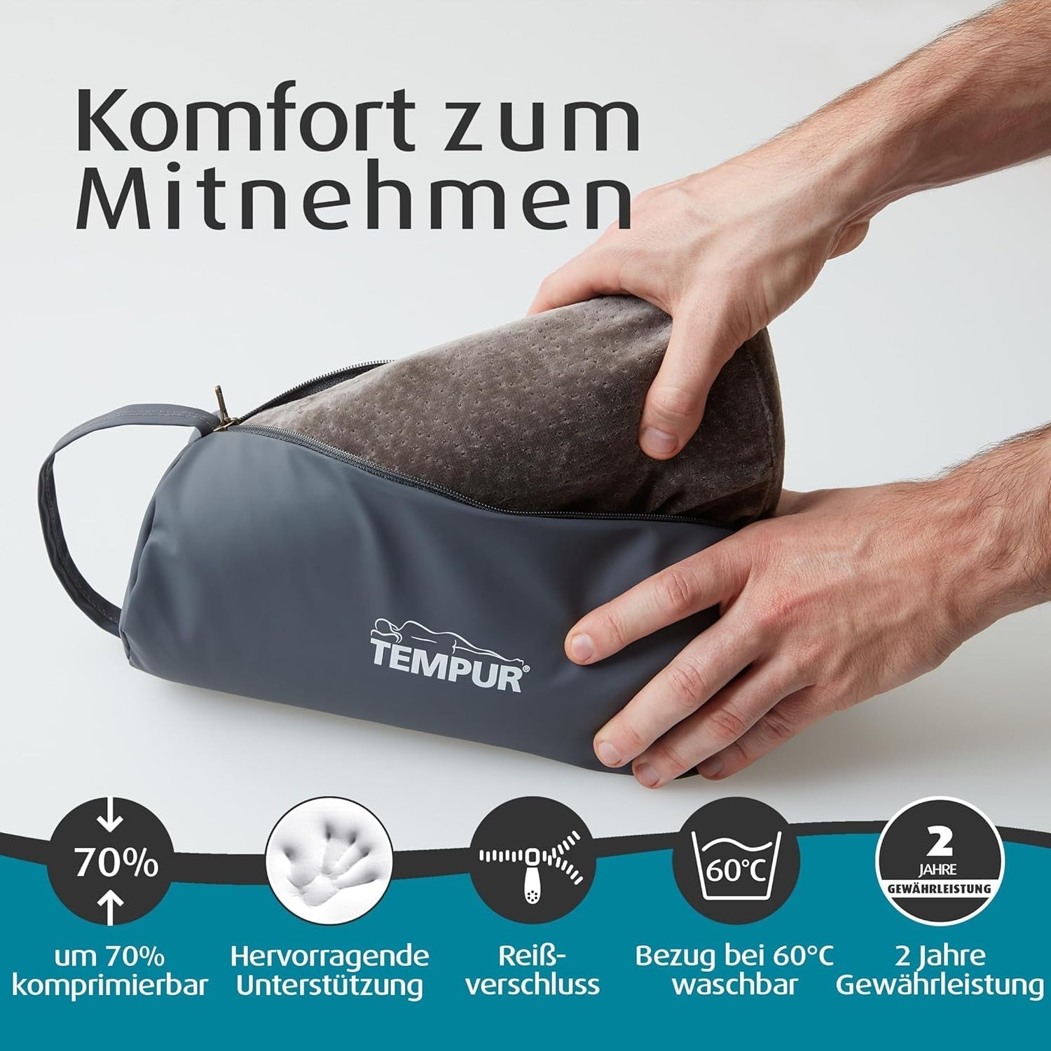 Pernă de călătorie TEMPUR cu spumă cu memorie, pernă ergonomică pentru gât, inclusiv geantă de transport, antracit, dimensiuni 25 x 31 x 10/7 cm