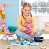 BABY born 832790 Weekend Fishing - Set de accesorii pentru păpuși pentru pescuit cu șezlong cu imprimeu viu, măsuță laterală, sticlă, coșuleț, rățuște și undiță, precum și cămașă lungă roz, Roz
