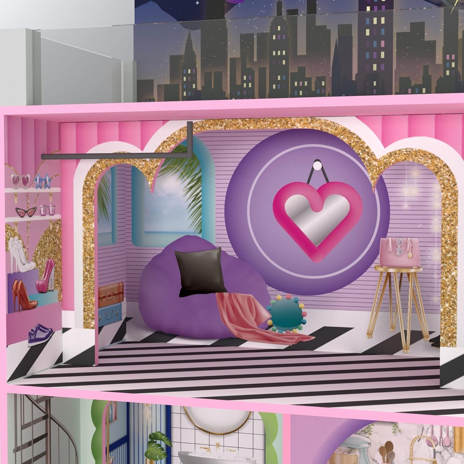 Olivia's Little World Big Dreamland Sunset Contemporary, Casă de păpuși interactivă din lemn pentru copii, 3 etaje, cu 16 accesorii pentru mobilier de păpuși, multicoloră, TD-13616A