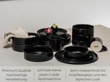 Set de veselă din gresie, set de bol și farfurii negre [12 piese pentru 4 persoane] Set de veselă neagră, 100% lucrat manual, cu glazură reactivă de calitate premium