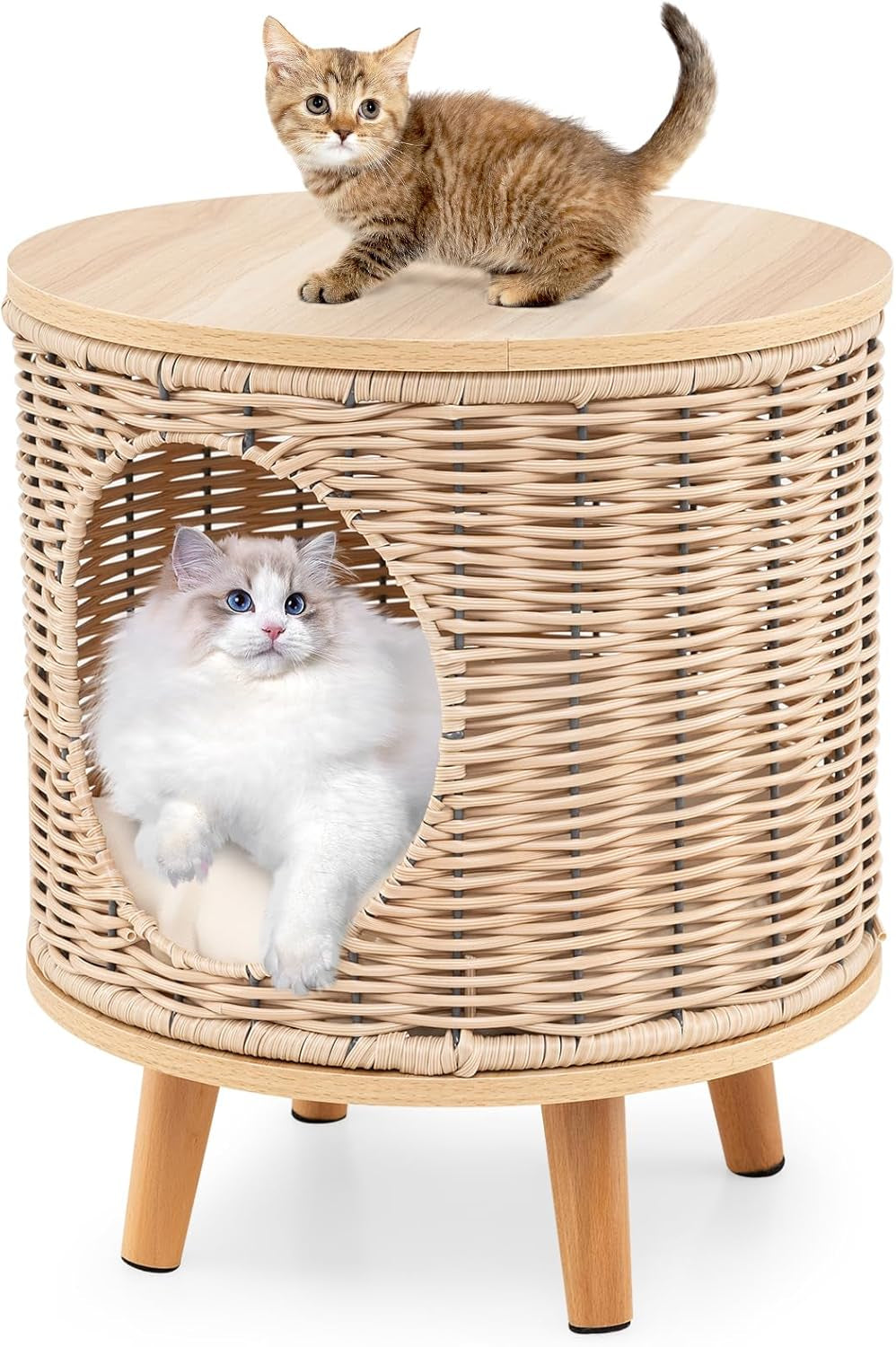 Katzenhaus Rattan, Katzenmöbel mit Holzbeinen & weichem Kissen, 3 in 1 Katzenhöhle Fußhocker Nachttisch, Katzenbett stabil bis 30 kg für Wohnzimmer Schlafzimmer