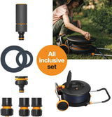 Roată de apă Fiskars Comfort L cu roți, set de udare all-inclusive, rază totală de acțiune de 31,5 m, înfășurare automată, furtun de grădină universal (Ø 13 mm), racord universal pentru robinet, 1071670