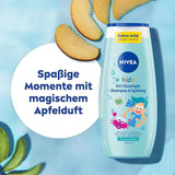 Gel de duș, șampon și balsam NIVEA KIDS 3in1, îngrijire și curățare pentru copii cu un parfum magic de mere, extra blând, îngrijire fără săpun pentru păr și piele pentru copii (250 ml) Copii - Baie si Skincare Naty Shop