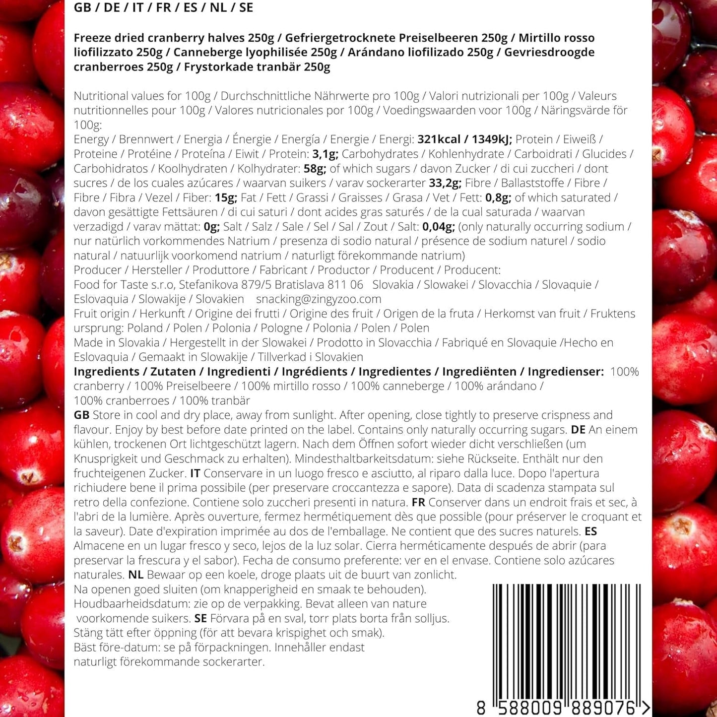 Merișoare liofilizate fără zahăr | XL 250g Merișoare liofilizate naturale neîndulcite | Fructe liofilizate naturale sălbatice | Merișoare liofilizate | ZingyZoo Produse deshidratate Naty Shop