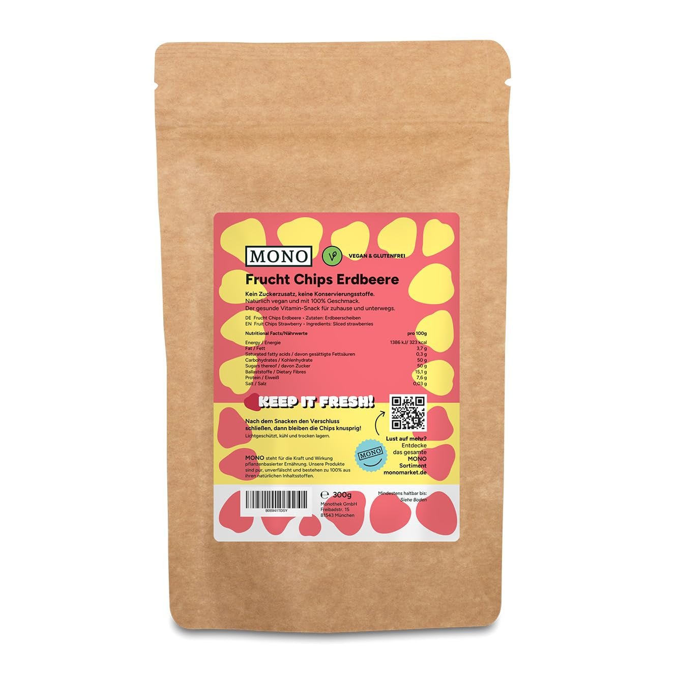 Mono chipsuri liofilizate - 300g chipsuri de căpșuni din căpșuni 100% naturale - fructe tropicale uscate - fructe uscate de căpșuni - gustare pentru muesli și deserturi - chipsuri de căpșuni Produse deshidratate Naty Shop