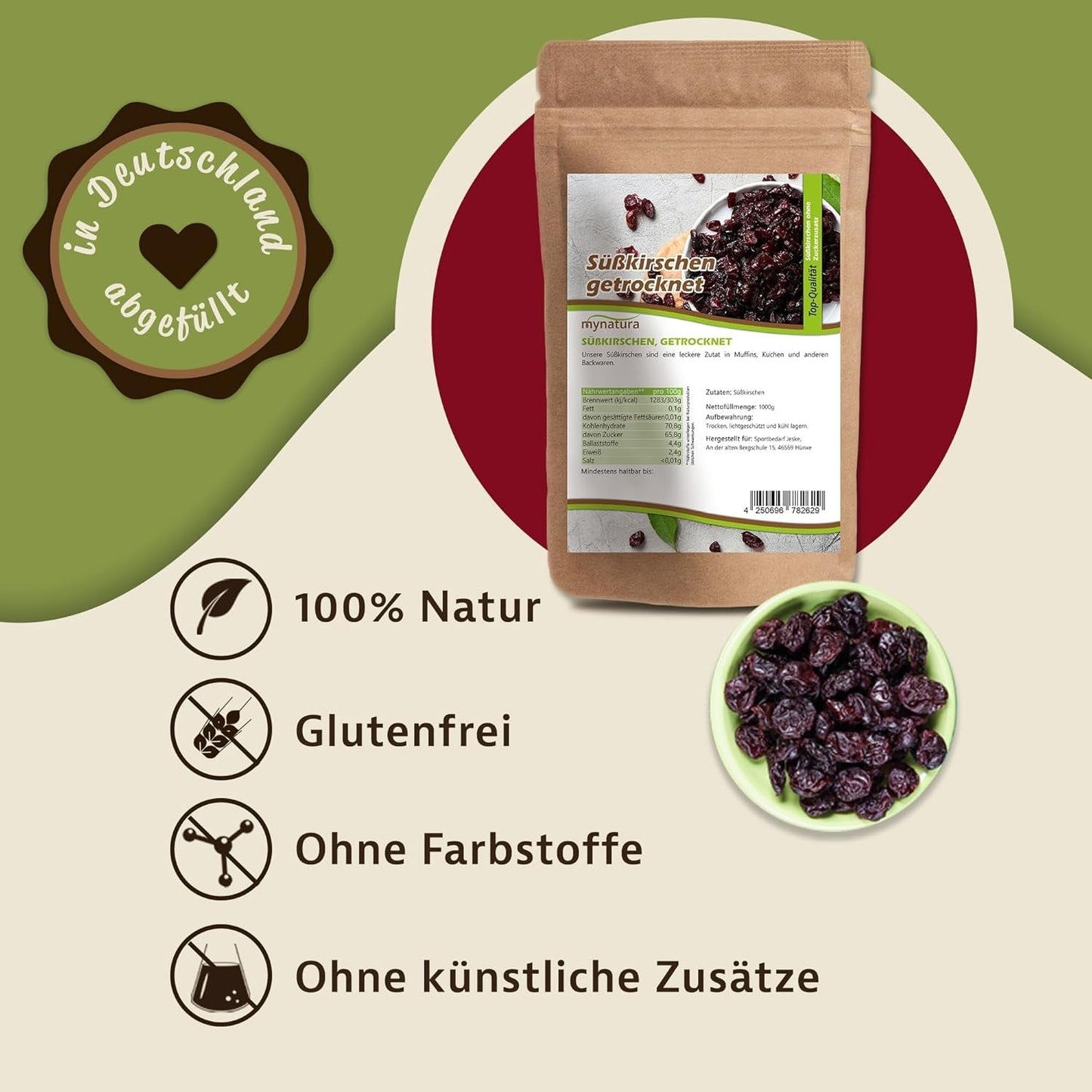 Mynatura cireșe dulci, uscate, fără sâmburi I Neîndulcite I Fructe uscate I Fără aditivi I Coacere I Cireșe I Snack I Muesli I Vegan I Pungă (1x 1000g) Produse deshidratate Naty Shop