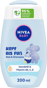 NIVEA BABY head to toe bath & shampoo, șampon blând vegan pentru copii pentru piele și păr cu ulei de migdale, gel de duș relaxant cu formulă hipoalergenică fără parabeni și microplastice (200 ml) Copii - Baie si Skincare Naty Shop Titlu implicit