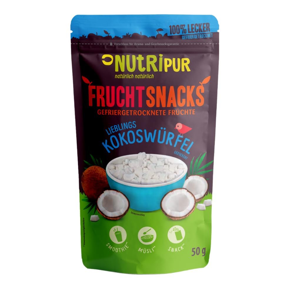 Nucă de cocos liofilizată: 50g fructe liofilizate - dulciuri vegane cuburi de nucă de cocos îndulcite - fructe uscate natural de la NutriPur Produse deshidratate Naty Shop Titlu implicit