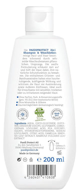 PAEDIPROTECT 2in1 șampon și loțiune de spălare pentru bebeluși și copii 200 ml, curățare delicată și păr fără parfum și microplastice, gelul de duș hidratează pielea uscată și sensibilă, de asemenea pentru adulți Copii - Baie si Skincare Naty Shop