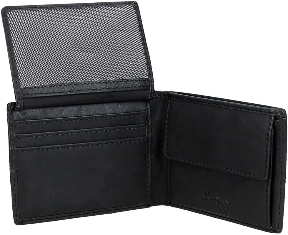 Portofel orizontal dublu Pepe Jeans cu compartiment pentru monede, negru, 11 x 8 x 1 cm, piele, protejat RFID, bărbați, Portofel orizontal cu compartiment pentru monede Portofel Barbati Naty Shop