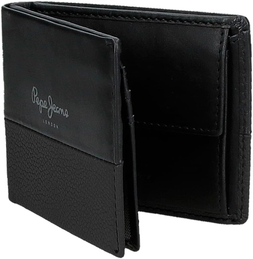 Portofel orizontal dublu Pepe Jeans cu compartiment pentru monede, negru, 11 x 8 x 1 cm, piele, protejat RFID, bărbați, Portofel orizontal cu compartiment pentru monede Portofel Barbati Naty Shop