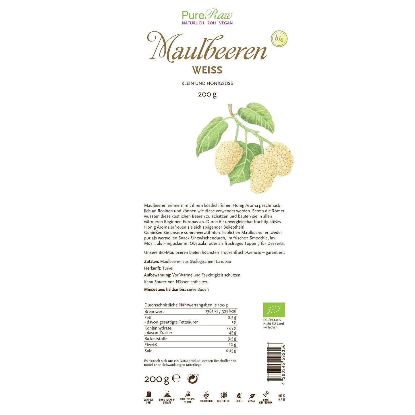Premium Organic uscat (Raw Vegan) mure albe Morus Alba Mulberry Fruit - Fructe uscate fără adaos de zahăr din Turcia - Organic Raw White Mulberries Dried Fruit | PureRaw 200g Produse deshidratate Naty Shop