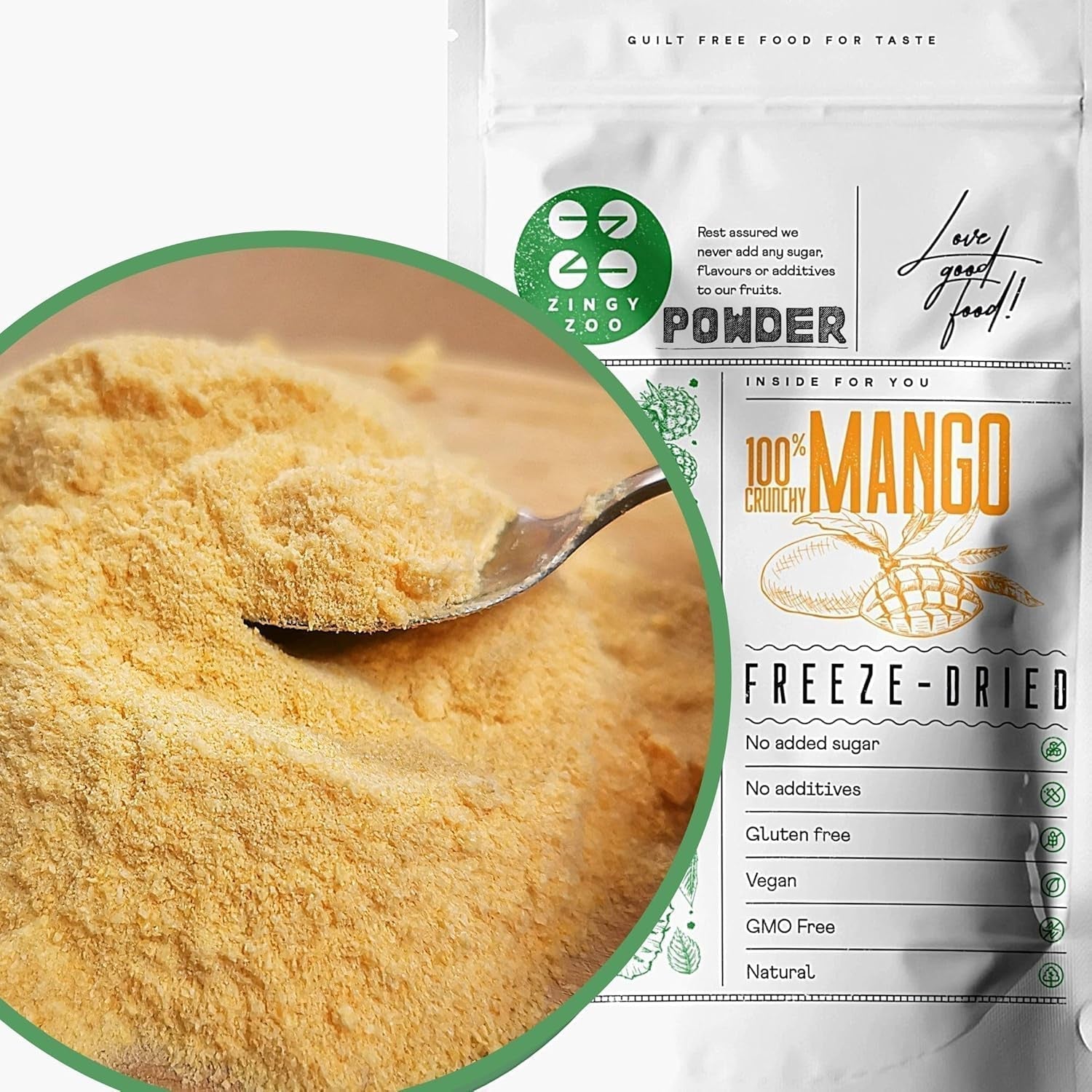 Pudră de mango liofilizată | Pudră de fructe fără zahăr adăugat liofilizată | Pudră de fructe de mango liofilizată Mango liofilizat | Mango liofilizat Polvere fără aditivi | ZingyZoo (100g) Produse deshidratate Naty Shop 300G