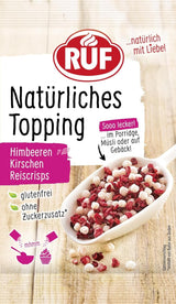 RUF Topping natural cu zmeură, cireșe, chipsuri de orez, fără aditivi artificiali, amestec de fructe pentru terci și produse de patiserie, fără gluten, vegan, 15g (pachet de 3) Produse deshidratate Naty Shop 15 G (1 pachet) Fructe