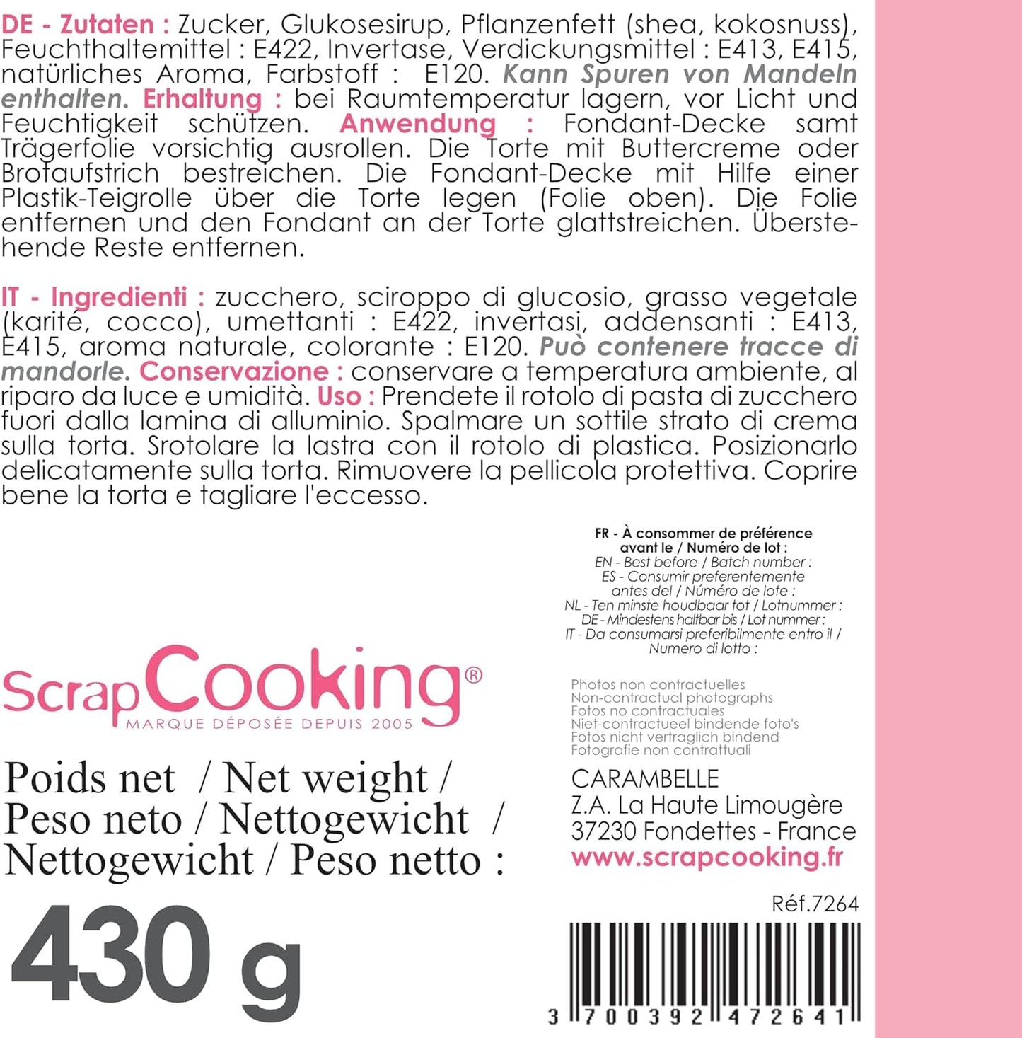 ScrapCooking - Roll fondant roz â'¬ 36 cm - Fondant negru rulat 430 g - Cake topper decorare topper fondant pentru prăjituri, coacere, aniversări, petreceri - Roz - 7264 Pasta de zahar Naty Shop