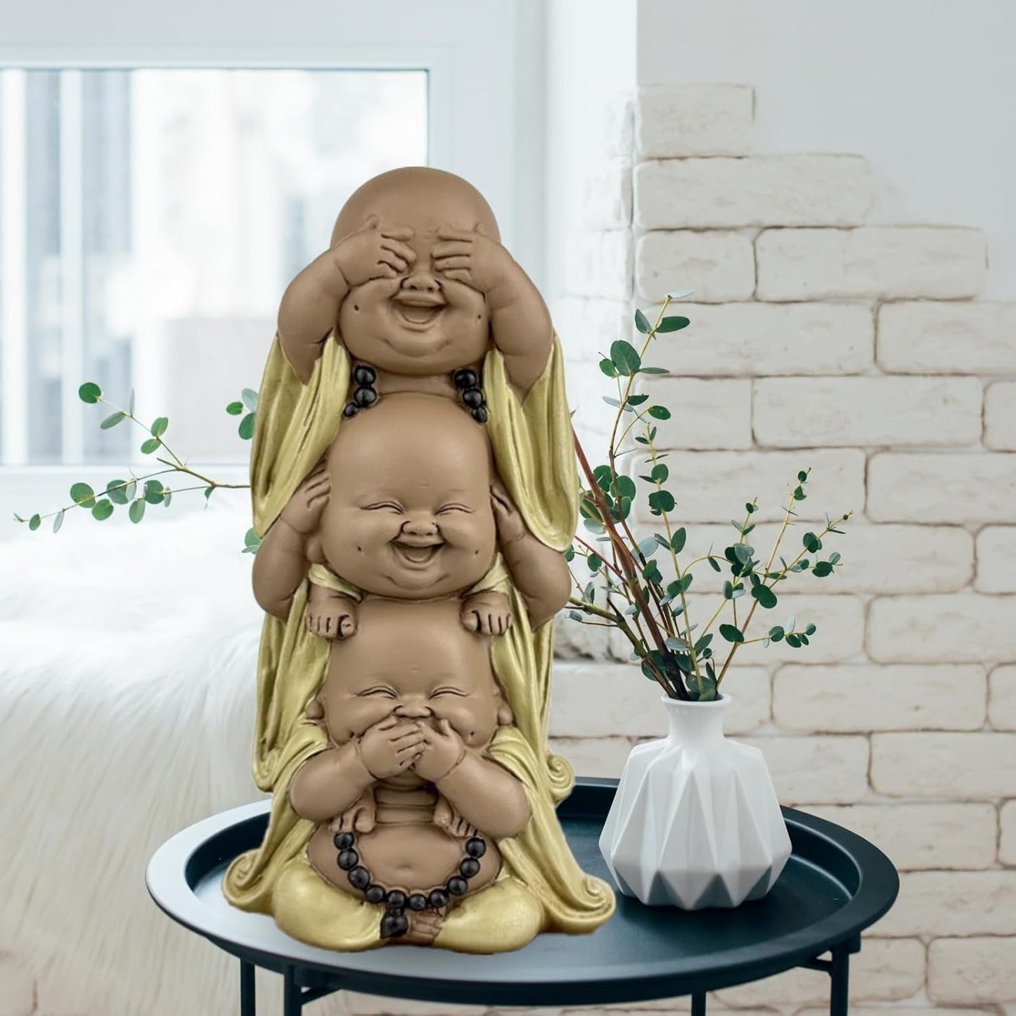 Statuie 3 Buddha râzând - Nu vezi nimic - Nu auzi nimic - Nu spui nimic - Baby Buddha Ansamblu simbolic - Stare de spirit pașnică și veselă - Decor Zen -H 18 cm - Zen'Light Statuete si sculpturi Naty Shop