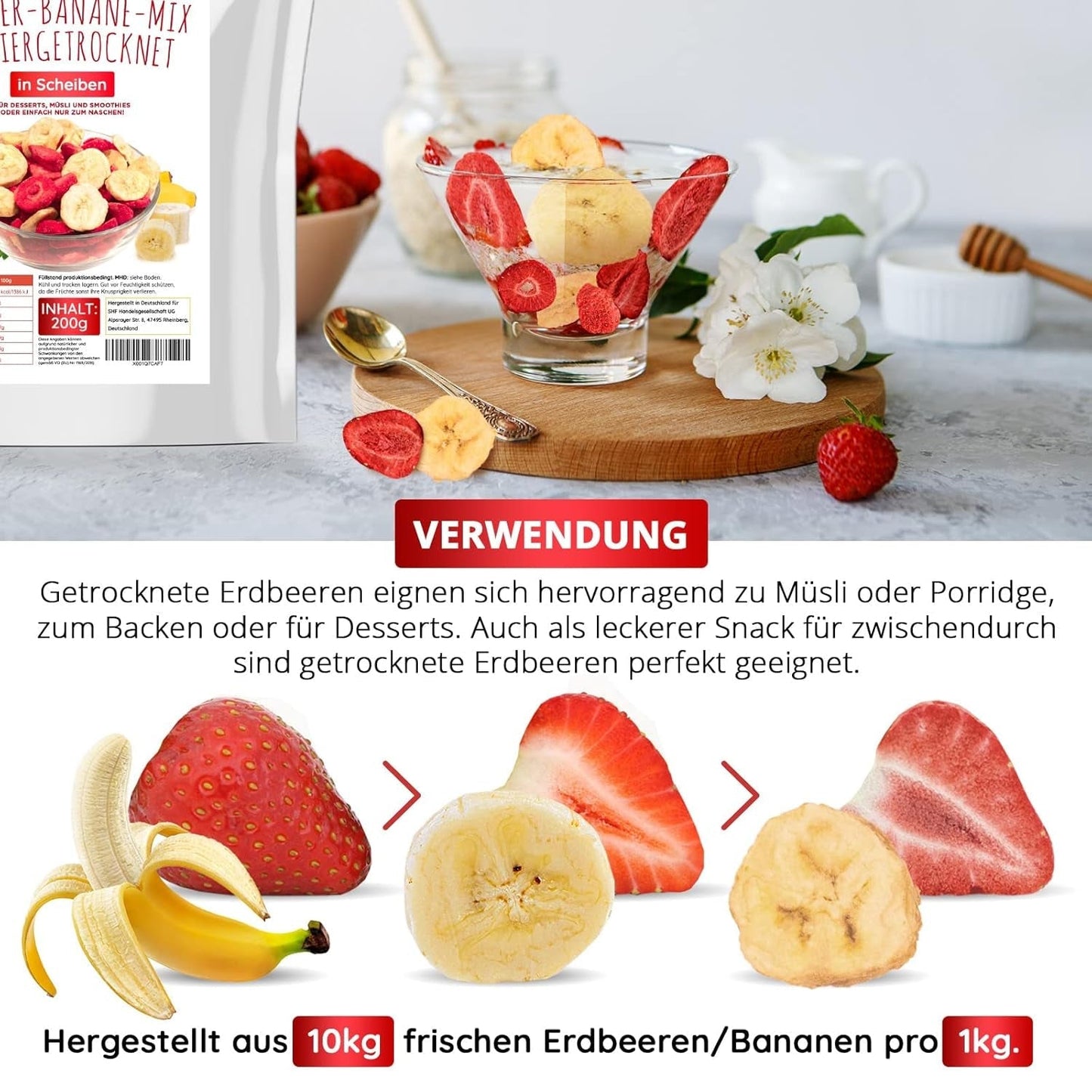 Strawberry-banana mix 200g - căpșuni liofilizate și banane liofilizate ca o gustare delicioasă într-o pungă Produse deshidratate Naty Shop