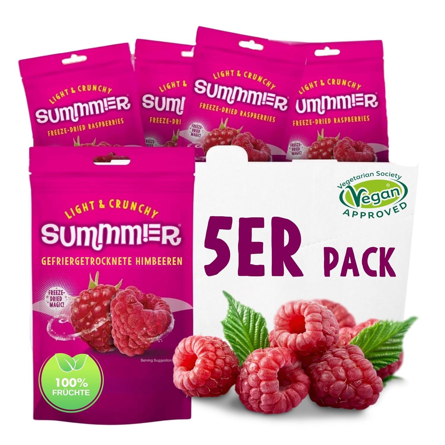 Summmer căpșuni liofilizate - pachet de 5 - fără zahăr, 100% naturale, delicioase gustări crocante pentru copii și adulți, ideale pentru cereale și cutii de prânz (55g) Produse deshidratate Naty Shop Pachet de 5 Zmeură