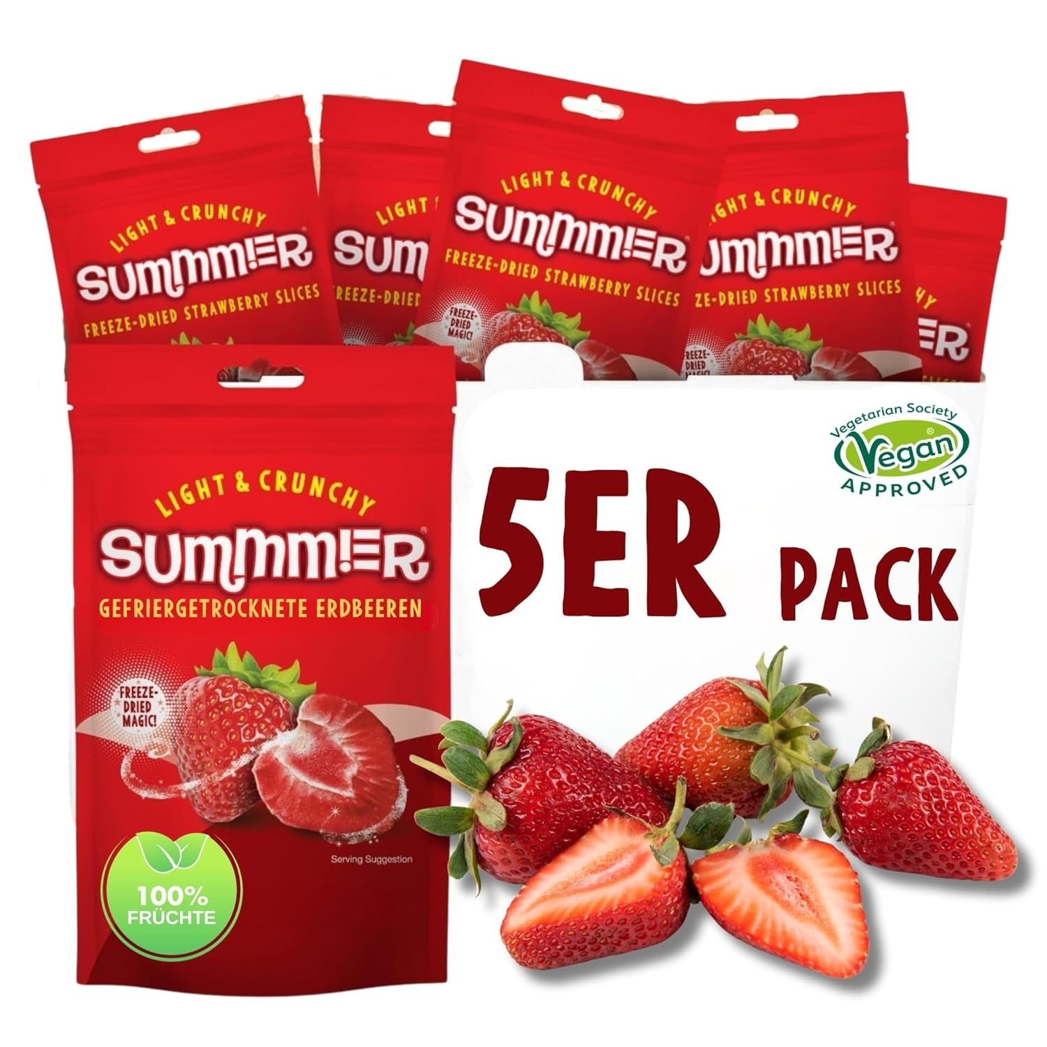 Summmer căpșuni liofilizate - pachet de 5 - fără zahăr, 100% naturale, delicioase gustări crocante pentru copii și adulți, ideale pentru cereale și cutii de prânz (55g) Produse deshidratate Naty Shop Pachet de 5 Căpșuni