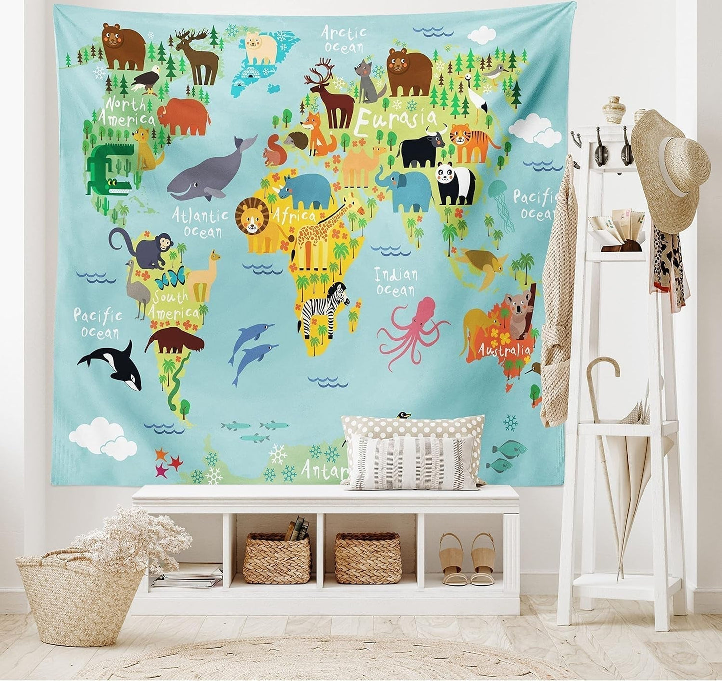 Tapiserie abakuhaus wanderlust harta animala lumii desene Casa - Accesorii si Decoratiuni Naty Shop Albastru pal Galben-verde 150L X 110B Cm