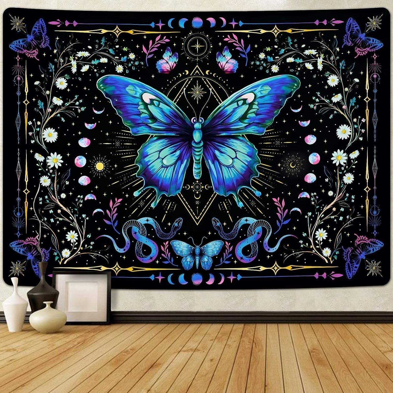 Tapiserie alishomtll fluture faza lunii florale daisy negru Casa - Accesorii si Decoratiuni Naty Shop Multi 210L X 150B Cm