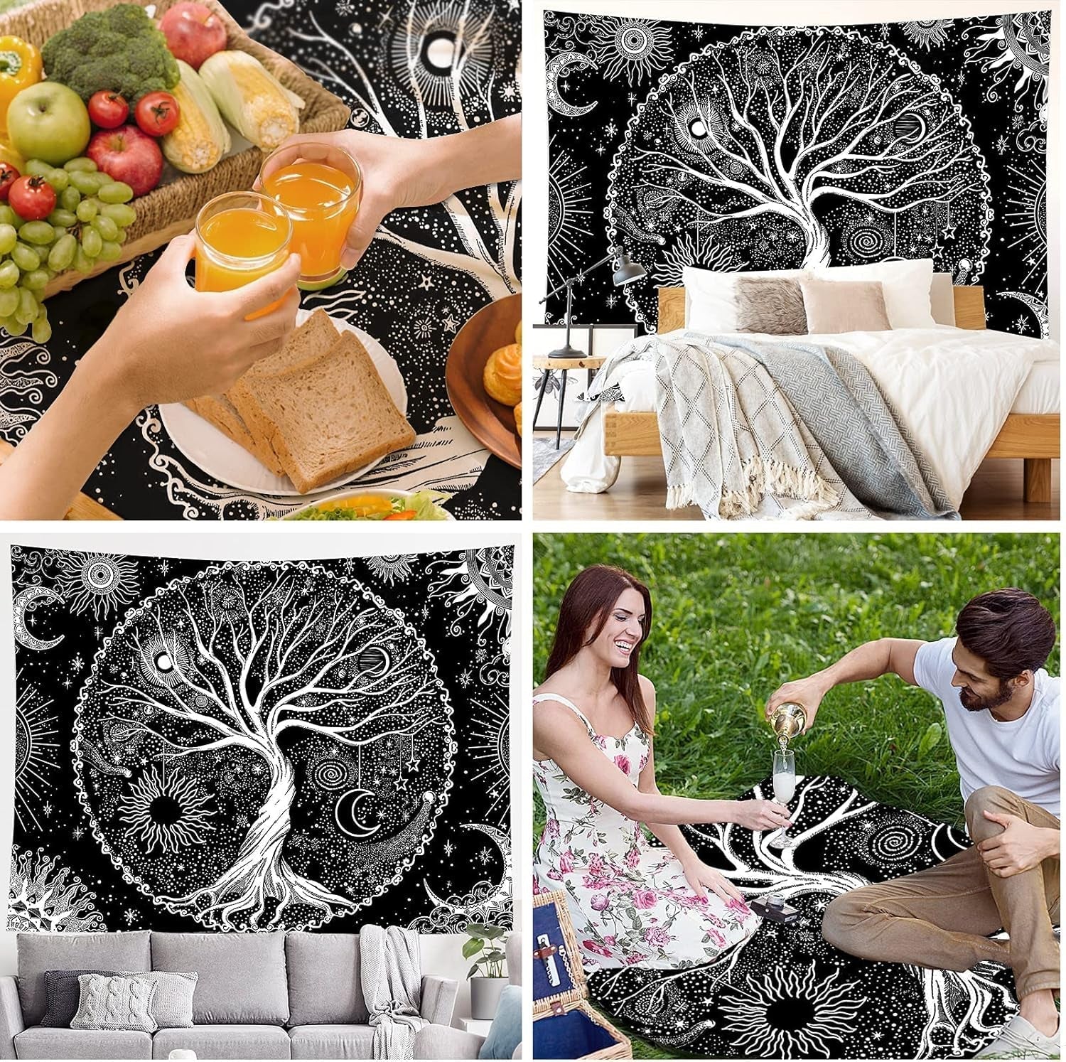 Tapiserie negru alb copac viata tapiserii faze luna Casa - Accesorii si Decoratiuni Naty Shop