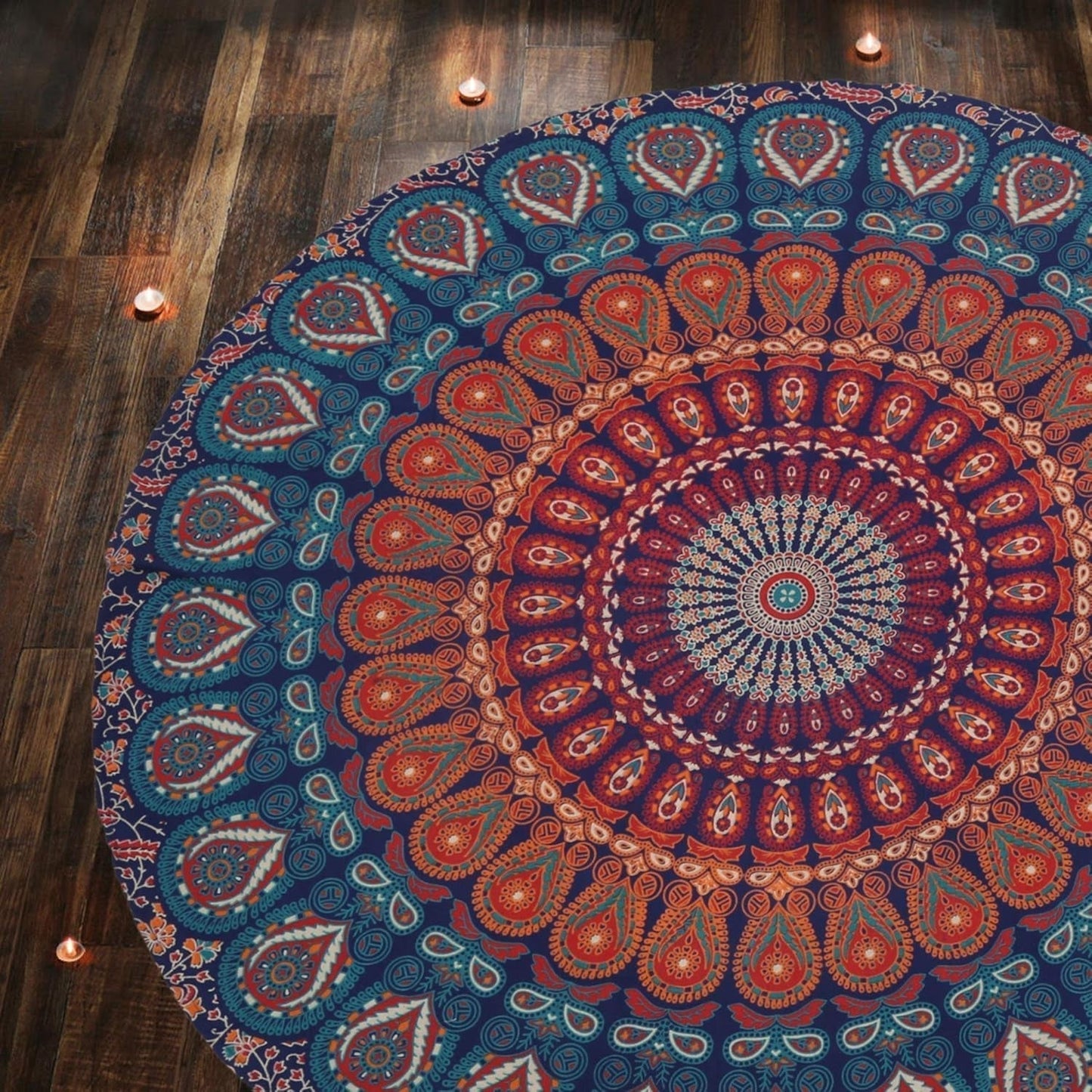 Tapiserie rotunda peacock mandala centimetri roundie hippie fata Casa - Accesorii si Decoratiuni Naty Shop Albastru auriu 122L X 122B Cm