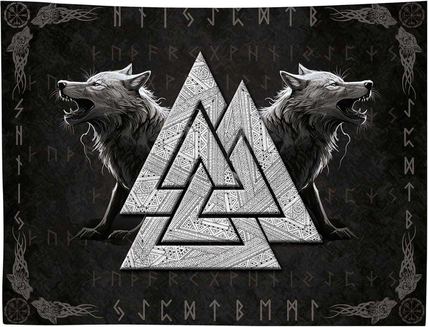 Tapiserie viking wolf totem negru alb meditatie rune Casa - Accesorii si Decoratiuni Naty Shop 200L X 150B Cm
