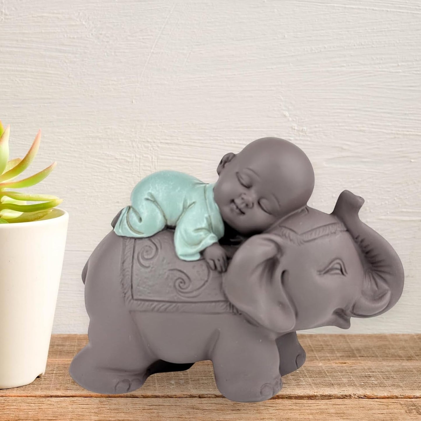 Zen'Light Statue Buddha Bonze Sleeping on Elephant - Atmosferă Zen în spațiul tău sacru - frumoasă figură de bun augur -H 9.5 cm, Brown & Green Statuete si sculpturi Naty Shop